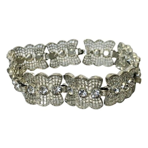 Vintage Shimmer Crystal Silver Tone Lace Webbed Metal Chain Link Bracelet 7.5” - Picture 5 of 7